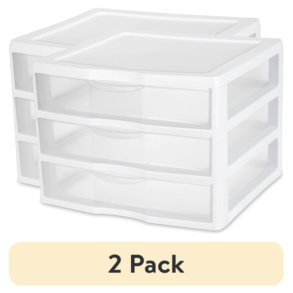 Sterilite Wide 3 Drawer Unit Plastic, White, Set of 2