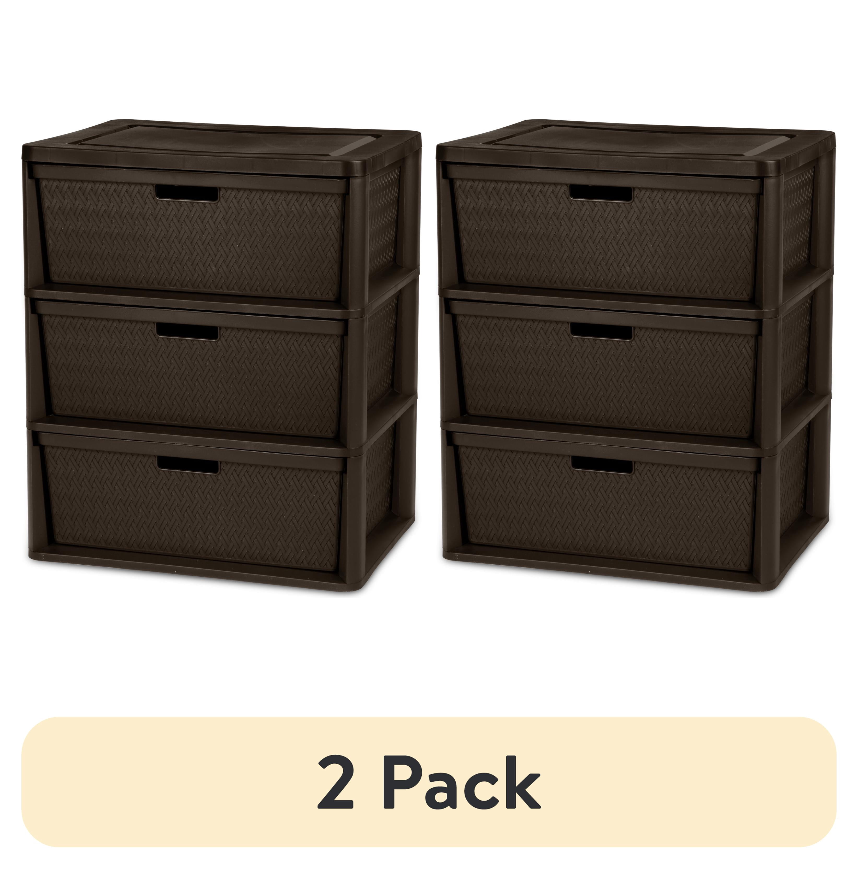 (2 pack) Sterilite Wide 3 Drawer Tower, Plastic Storage Organizer with Removable Decorative Bins, Easy to Assemble - No Tools Needed, Brown