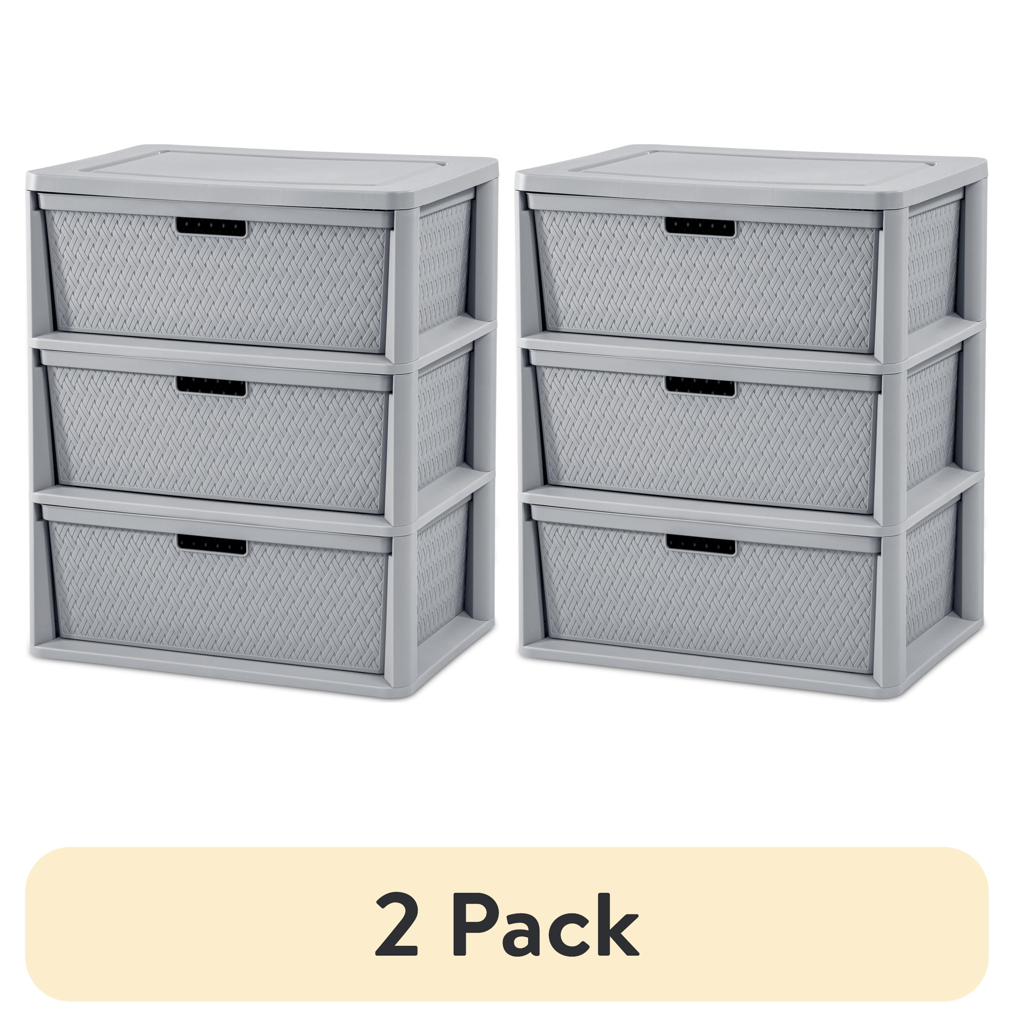 (2 pack) Sterilite Wide 3 Drawer Tower, Plastic Storage Organizer with Removable Decorative Bins, Easy Assembly, No Tools Needed, Gray