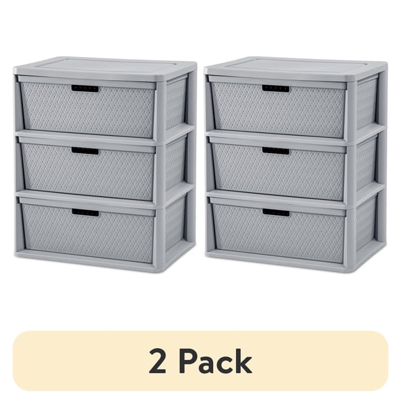 (2 pack) Sterilite Wide 3 Drawer Tower, Plastic Storage Organizer with Removable Decorative Bins, Easy to Assemble - No Tools Needed, Gray