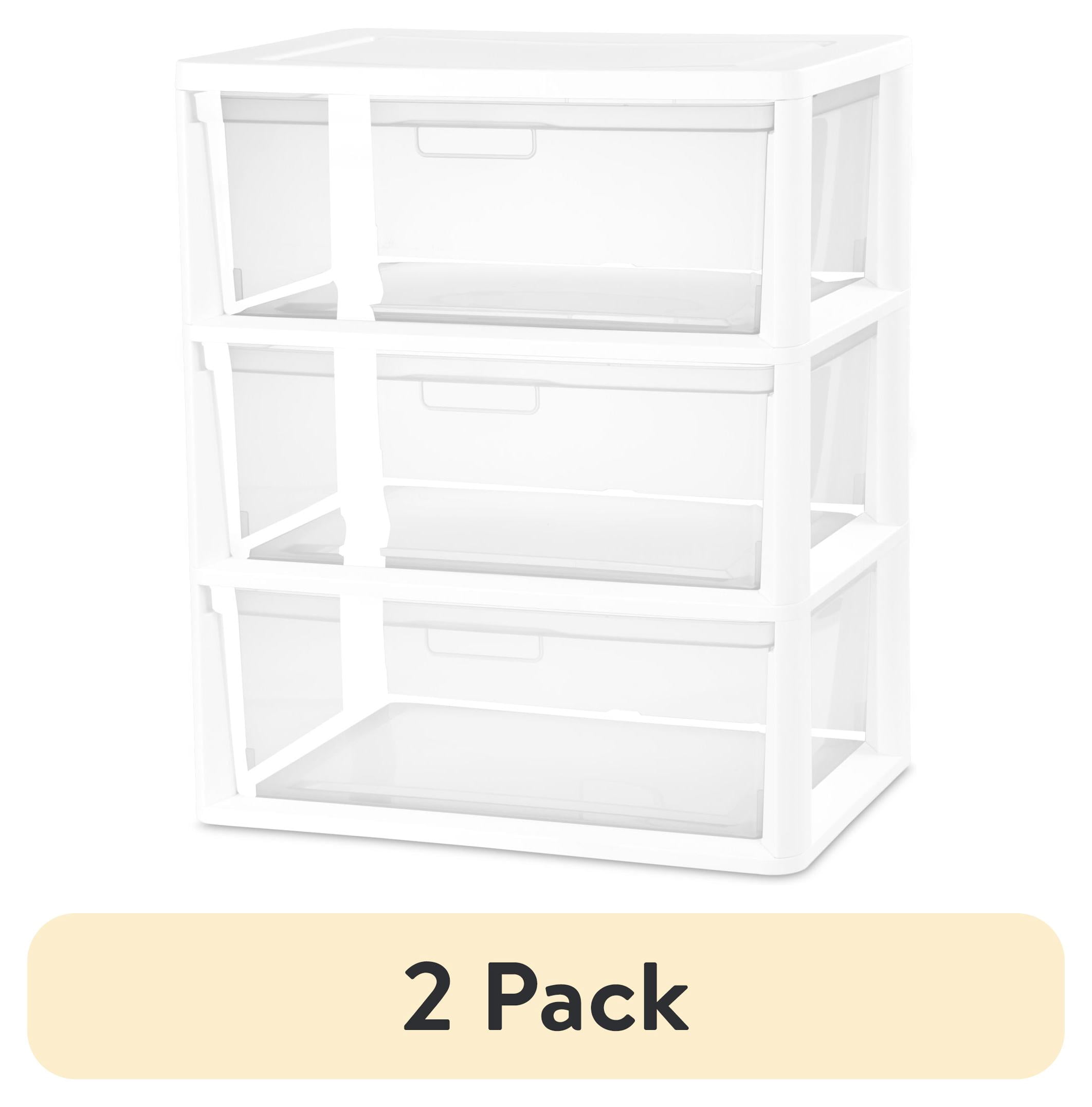 (2 pack) Sterilite Wide 3 Drawer Tower, Plastic Storage Organizer with Removable Clear Bins, Easy to Assemble - No Tools Needed, White