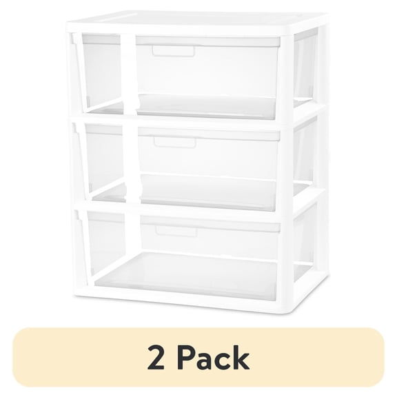 (2 pack) Sterilite Wide 3 Drawer Tower, Plastic Storage Organizer with Removable Clear Bins, Easy to Assemble - No Tools Needed, White