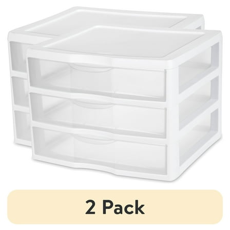(2 pack) Sterilite Wide 3 Drawer Unit, Clear Plastic Countertop or Desktop Drawers, White