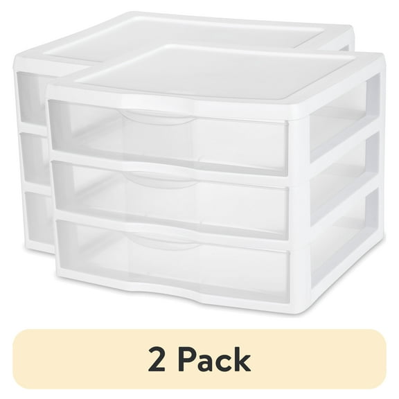 (2 pack) Sterilite Wide 3 Drawer Unit, Clear Plastic Countertop or Desktop Drawers, White