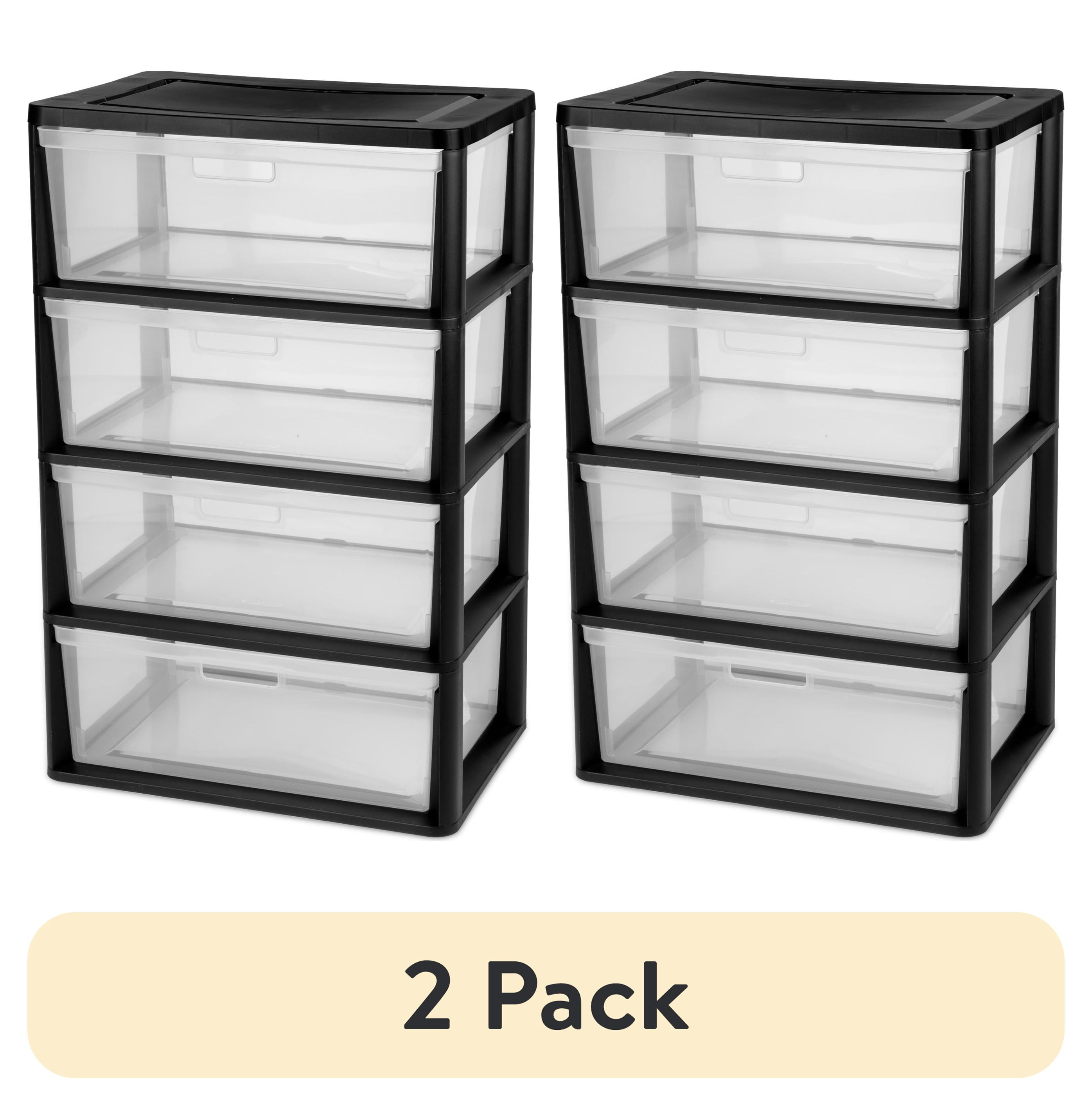(2 pack) Sterilite Wide 4 Drawer Tower, Plastic Storage Organizer with Removable Clear Bins, Easy to Assemble - No Tools Needed, Black