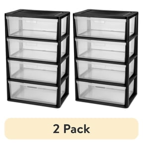 (2 pack) Sterilite Wide 4 Drawer Tower, Plastic Storage Organizer with Removable Clear Bins, Easy Assembly, No Tools Needed, Black