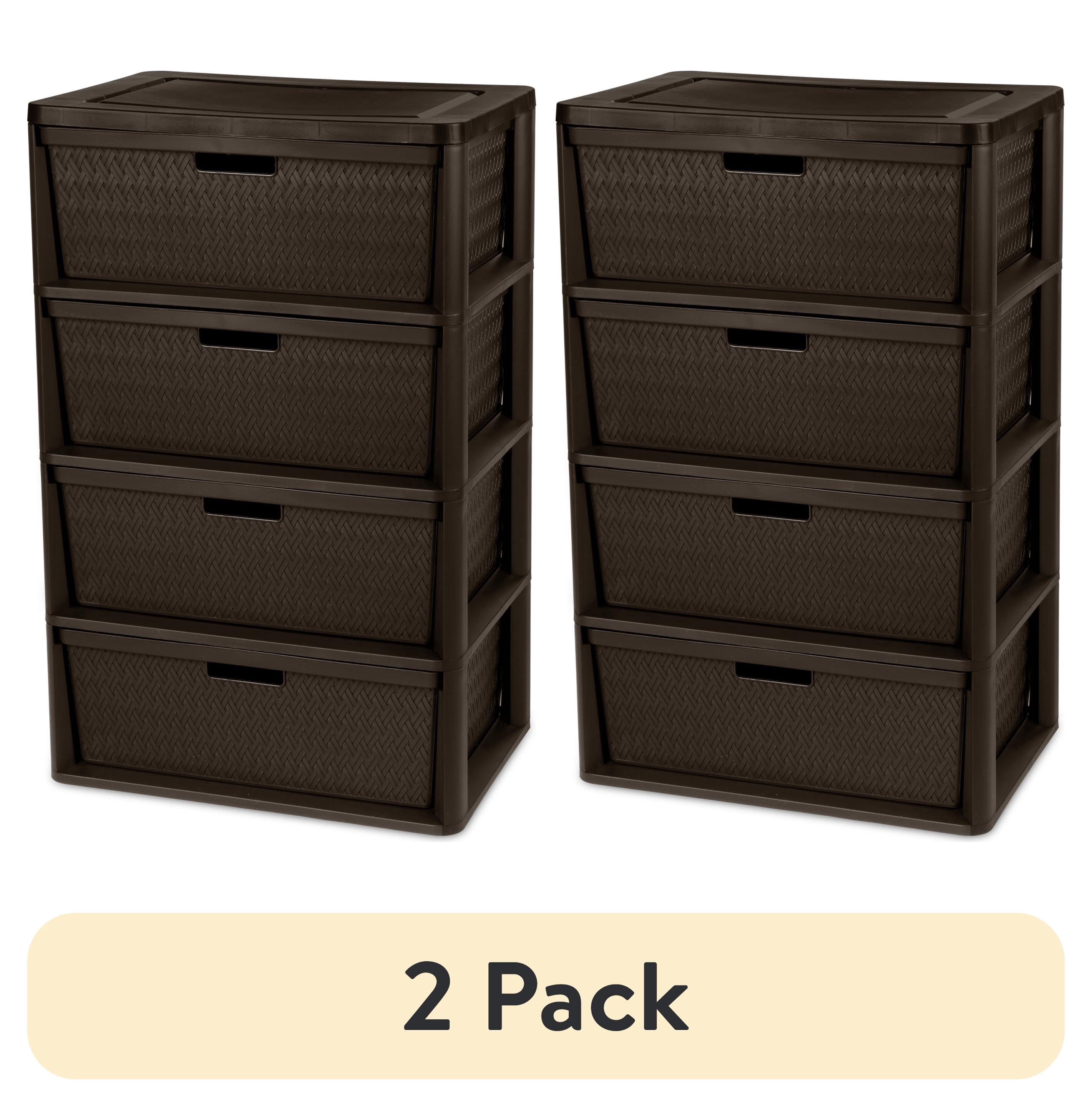 (2 pack) Sterilite Wide 4 Drawer Tower, Plastic Storage Organizer with Removable Decorative Bins, Easy to Assemble - No Tools Needed, Brown