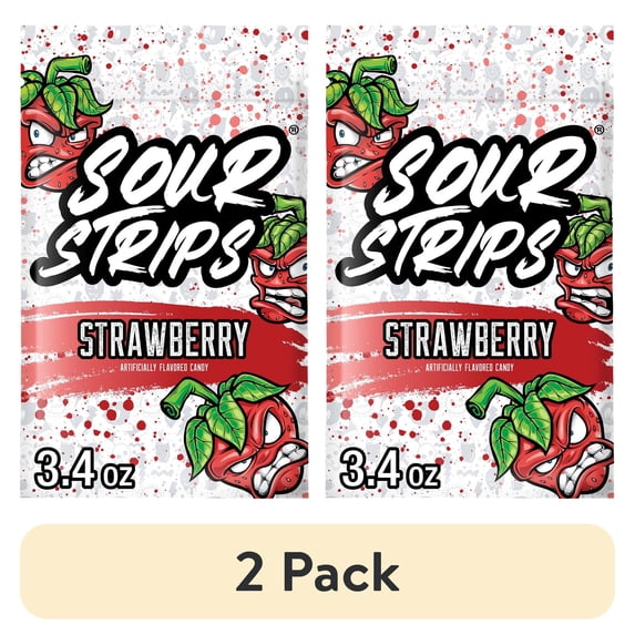 (2 pack) Sour Strips Strawberry Flavored Chewy, Candy Bag, 3.4 oz