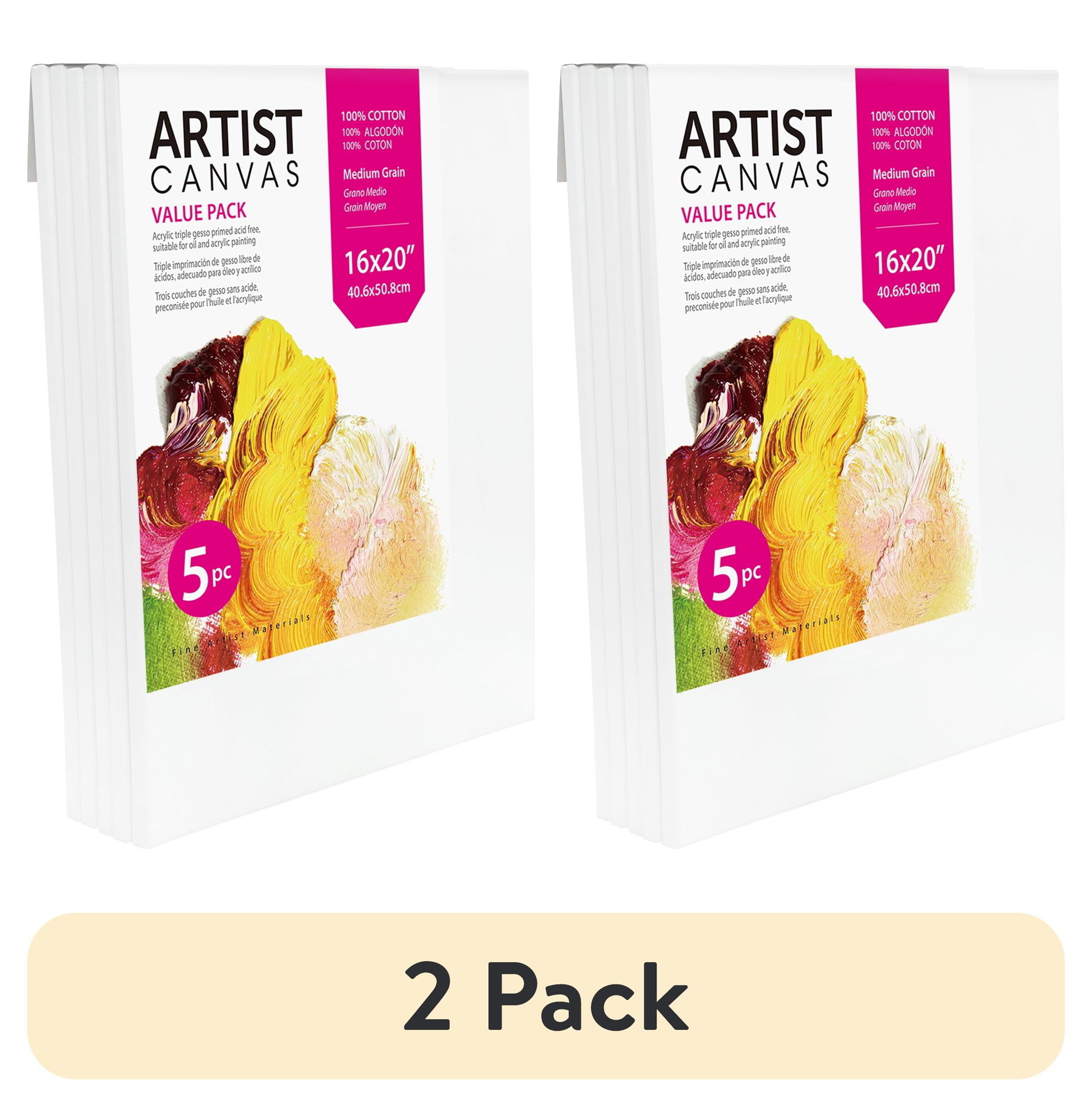 (2 pack) Studio Stretched Canvas, 100% Cotton Acid Free White Canvas, 16"x20", 5 Pieces, Academic Canvas, Great Chioce for Beginners and Hobbyists of All Skill Levels.