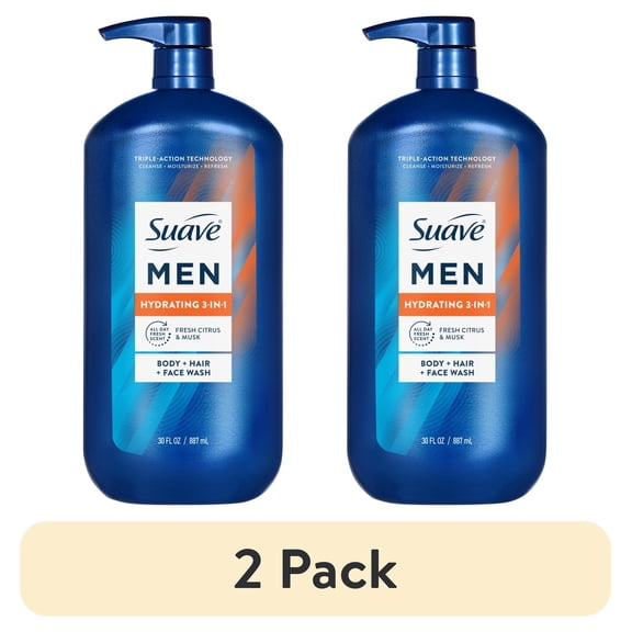 (2 pack) Suave Men Hydrating 3-in-1 Body + Hair + Face Wash with Glycerin & Vitamin E, 30 FL OZ