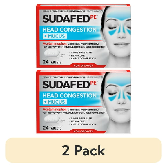 (2 pack) Sudafed PE Head Congestion + Mucus Non-Drowsy Relief Tablets, 24 Count