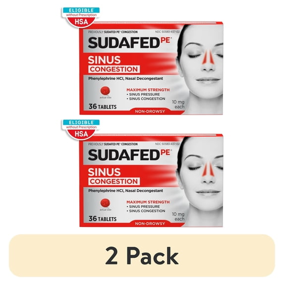 (2 pack) Sudafed PE Max Strength Non-Drowsy Sinus Decongestant Tablets, 36 Count