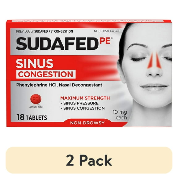 (2 pack) Sudafed PE Sinus Congestion Maximum Strength Non-Drowsy Decongestant Tablets, 18 ct