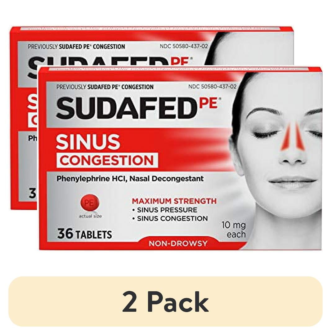 (2 pack) Sudafed PE Sinus Congestion Maximum Strength Non-Drowsy Decongestant Tablets, 36 ct