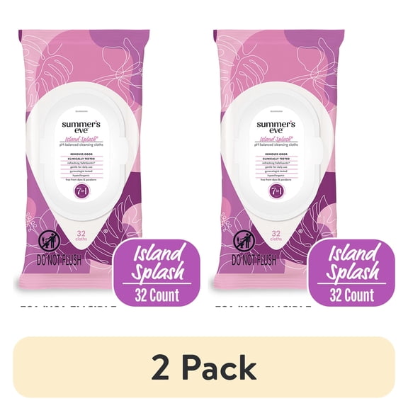 (2 pack) Summers Eve Island Splash Daily Feminine Wipes, Removes Odor, pH Balanced, 32 Count