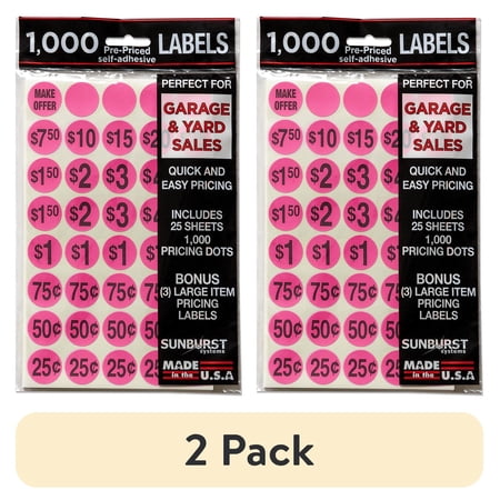 (2 pack) Sunburst Systems 7035 Price Labels Stickers Pre-Printed for Garage, Yard or Estate Sales -1000 Count, Pink