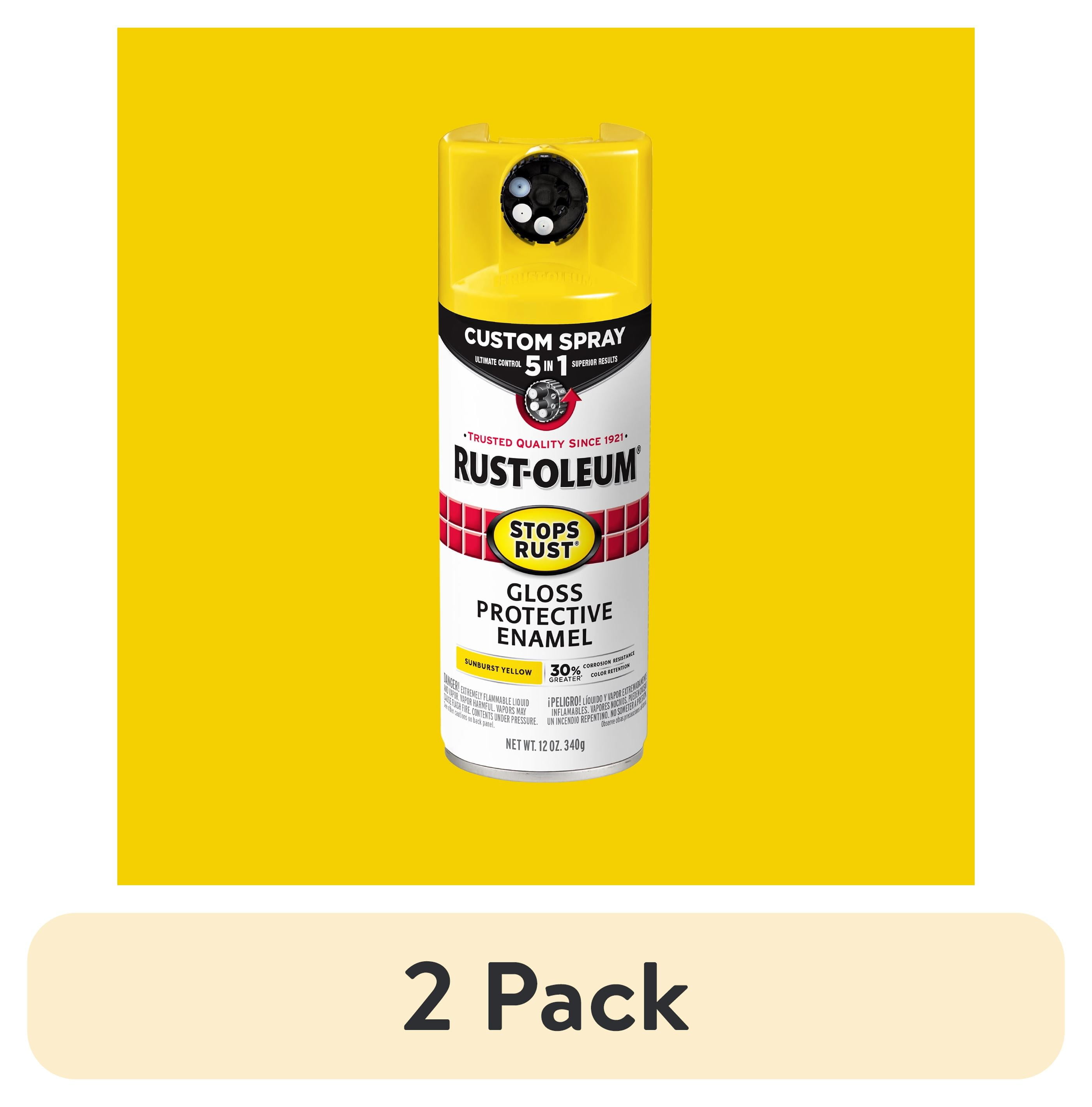 (2 pack) Sunburst Yellow, Rust-Oleum Stops Rust Custom Sprays 5 in 1 Gloss Spray Paint-376898, 12 oz