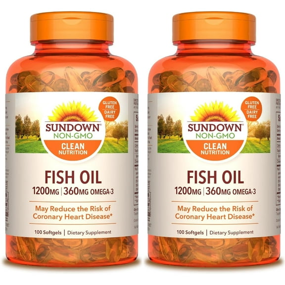(2 pack) Sundown Fish Oil 1200 mg, Omega-3 Dietary Supplement, Supports Heart Health, 100 Softgels (Packaging May Vary)