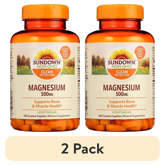 (2 pack) Sundown Magnesium 500mg, Supports Bone and Muscle Health, 180 Coated Caplets, 6 Month Supply