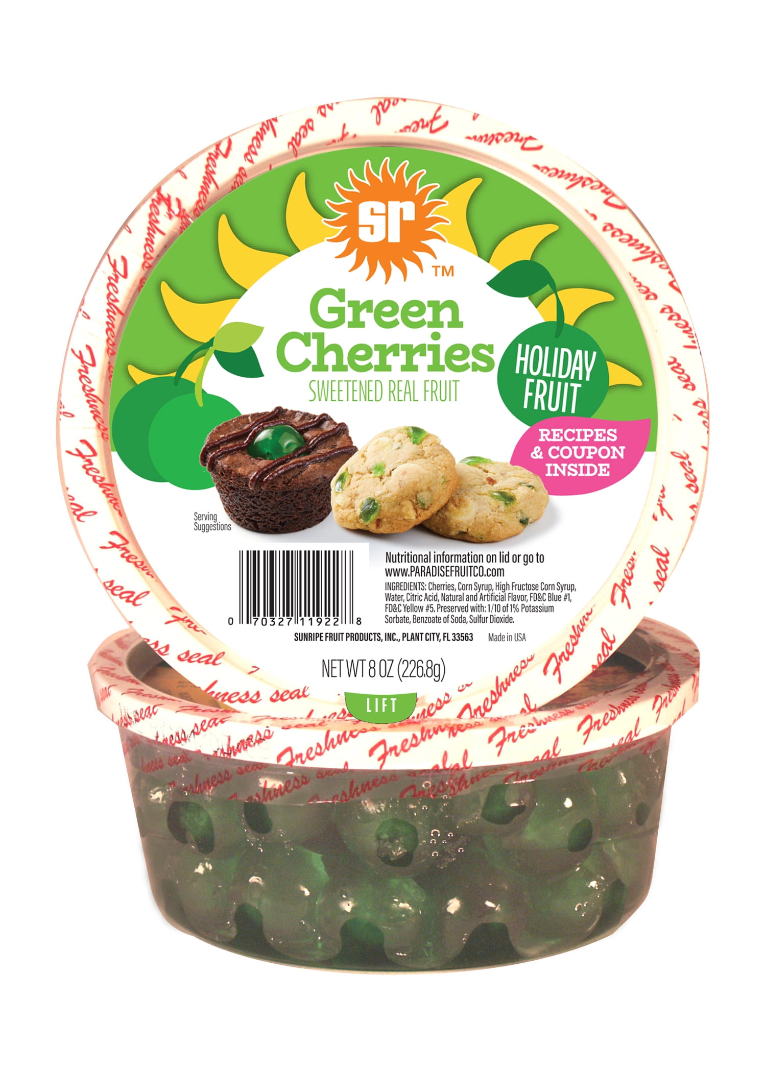 (2 pack) Sunripe Candied Green Cherries, 8 oz