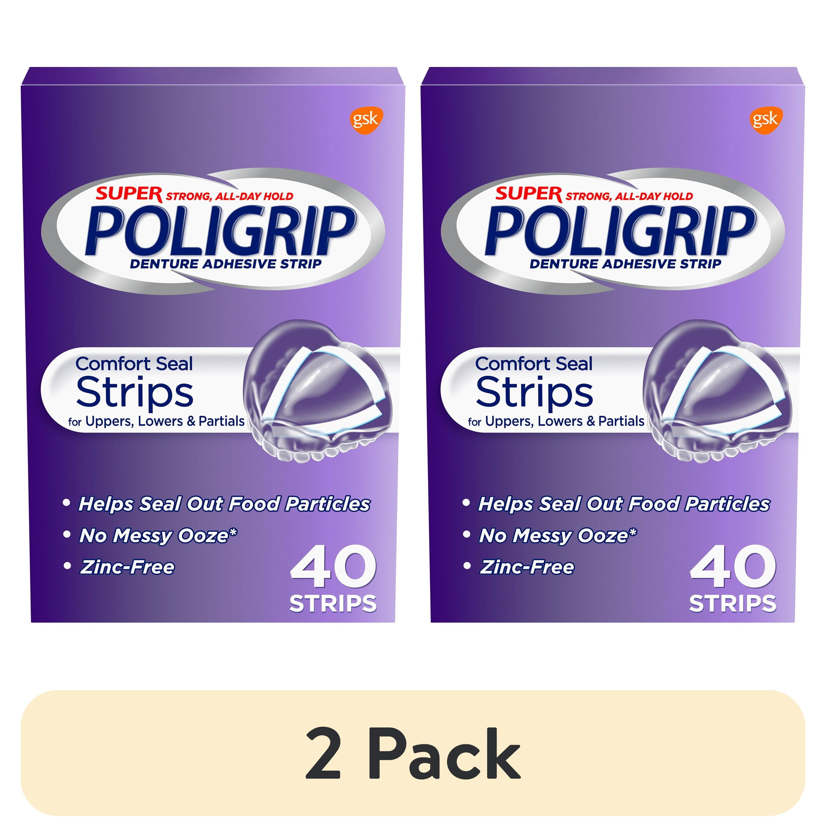 (2 pack) Poligrip Comfort Seal Denture and Partials Adhesive Strips, 40 Ct, for Adults
