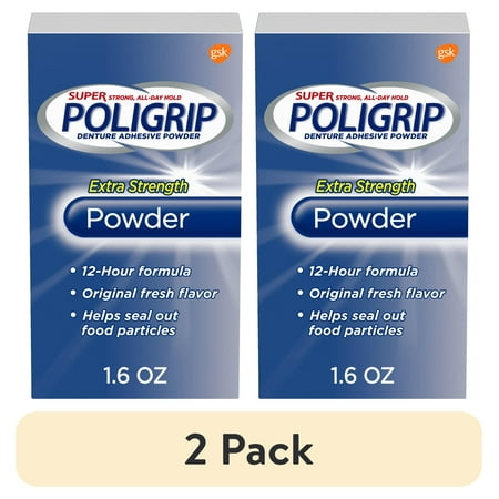 (2 pack) Poligrip Extra Strength Denture and Partials Adhesive Powder, 1.6 Oz, for Adults