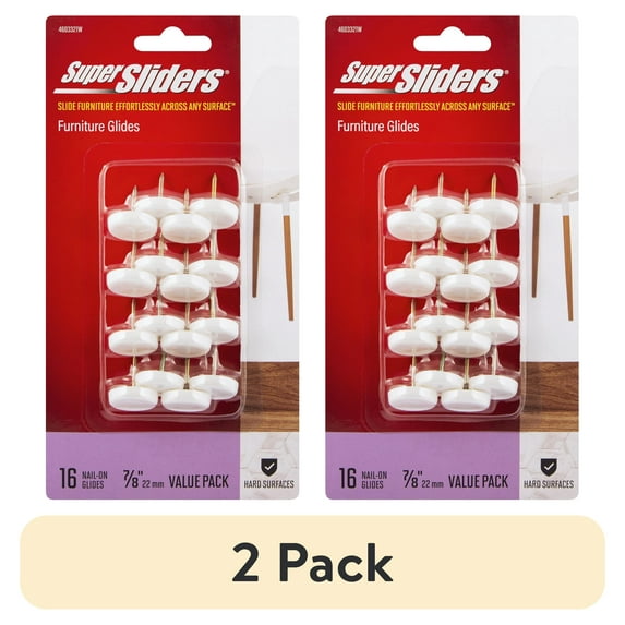 (2 pack) Super Sliders. Size 7/8 inch wide Round Nail on Furniture Glides Plastic, White, 16 Pack