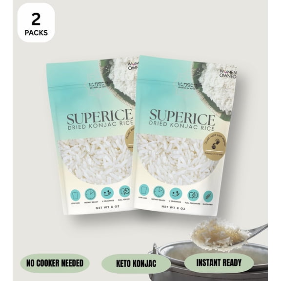 (2 pack) Superamen Organic Konjac Rice, 8oz (225g) Each), Plant-Based, Quick-Cooking Rice Alternative, Pantry Staple for Stir-Fries, Soups & More