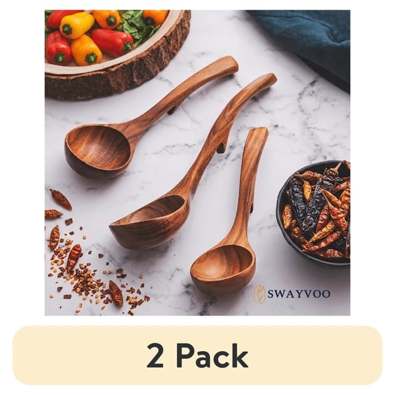 (2 pack) Swayvoo Wooden Ladle Set, Wooden Spoons for Cooking, 3-Piece 100% Natural Teak Soup Ladle & Serving Utensils, Small Medium Large, Heat Resistant, Non-Stick Safe, Gift-Ready