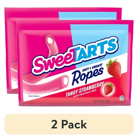 (2 pack) SweeTARTS Soft & Chewy Ropes Candy, Tangy Strawberry Flavor, 9 Ounce Bag