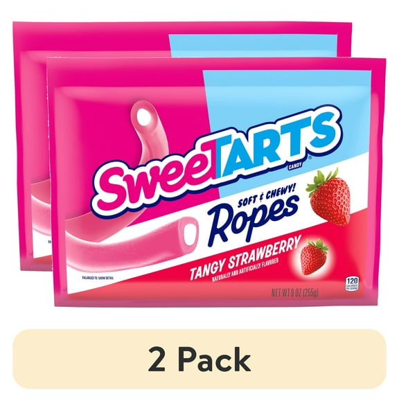 (2 pack) SweeTARTS Soft & Chewy Ropes Candy, Tangy Strawberry Flavor, 9 Ounce Bag