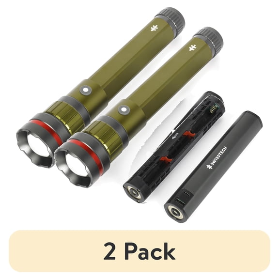 (2 pack) Swiss Tech LED Flashlight, 6500 Lumen, Rechargeable, Dual Power AA USB, Charging Bank, IP67 Waterproof