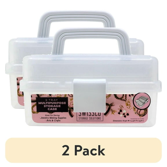 (2 pack) Swissco Storage Solutions Two Tray Multi-Purpose Storage Organizer Case for Jewelry, Arts and Crafts, Clear, Small