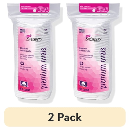 (2 pack) Swisspers Premium Cotton Ovals, 100% Chlorine Free Cotton, Dermatologist Tested, Soft, Strong, Sensitive Skin Safe, Absorbent, Hypoallergenic, Cruelty-Free, Vegan, Paraben Free, 50 Pads