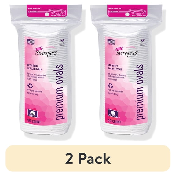 (2 pack) Swisspers Premium Cotton Ovals, 100% Chlorine Free Cotton, Dermatologist Tested, Soft, Strong, Sensitive Skin Safe, Absorbent, Hypoallergenic, Cruelty-Free, Vegan, Paraben Free, 50 Pads
