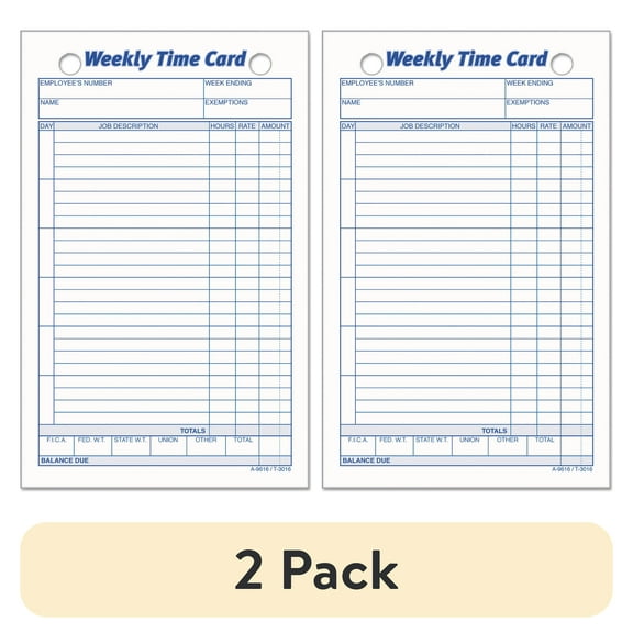 (2 pack) TOPS Employee Time Card, Weekly, 4 1/4 x 6 3/4, 100/Pack -TOP3016