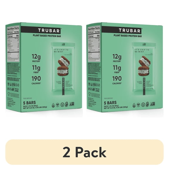 (2 pack) TRUBAR Protein Bar, It's Chip to be Mint, Plant-Based Protein, Vegan, Gluten Free, Kosher, 5 Count, Box