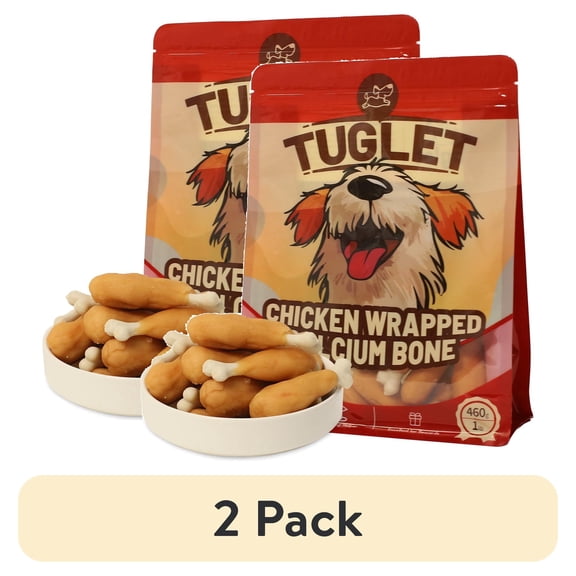 (2 pack) TUGLET Dog Treats, Chicken Wrapped Calcium Bone, Rawhide & Grain Free Dog Snack for Small Medium Large Dogs, Teeth Clean Bone for Dogs, 16 oz