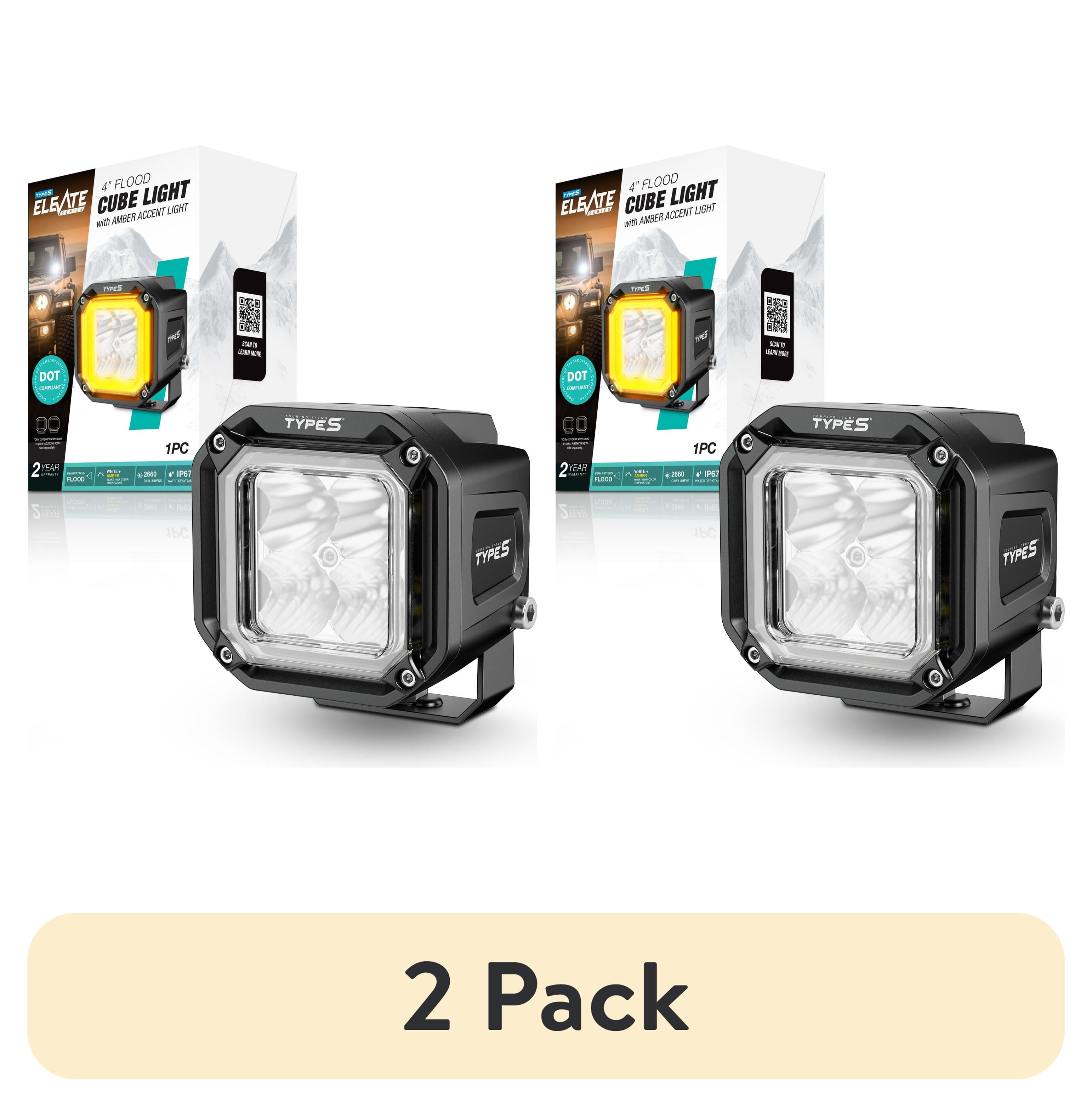 (2 pack) TYPE S Elevate - 4 Inch Flood Beam Cube Pod Light With Amber Accent Light - DOT Compliant - 2660 Raw Lumens, Waterproof, Die-cast, Off Road Lights, Truck, Jeep, UTV, ATV, SUV, 1 Pack