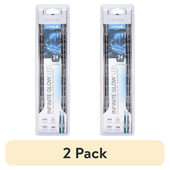 (2 pack) TYPE S - Infinite Glow Blue LED Ambient Lighting - Car LED Strip Lights, Light Sync Technology, 3M Adhesive, Trimmable, 12V, 2 x 12" Blue Strips, 24 inches
