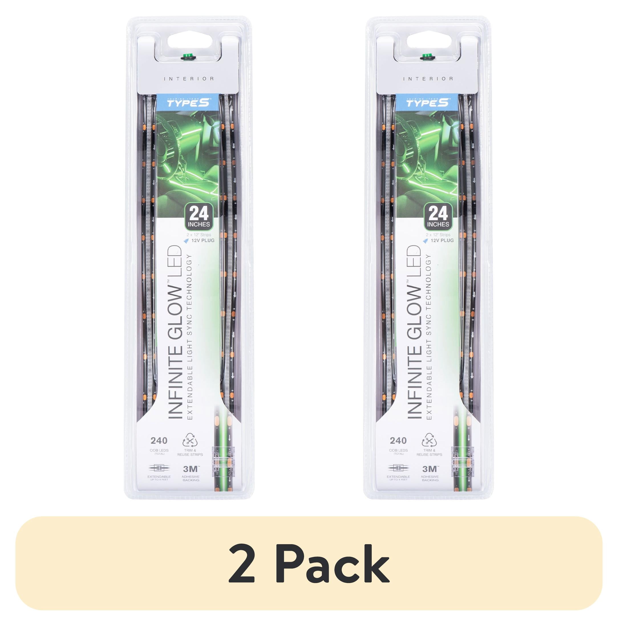 (2 pack) TYPE S - Infinite Glow Green LED Ambient Lighting - Car LED Strip Lights, Light Sync Technology, 3M Adhesive, Trimmable, 12V, 2 x 12" Green Strips, 24 inches