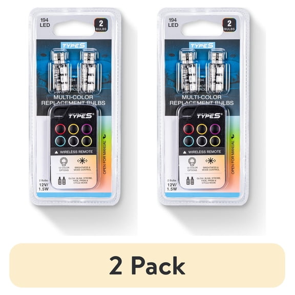 (2 pack) TYPE S - Remote-Controlled 194/T10 Multicolor LED Mini Bulb Set - White and 14 Colors, 6 Modes, Brightness Control, 2 Pack
