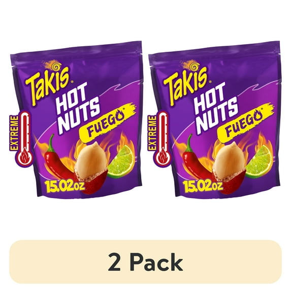 (2 pack) Takis Fuego Hot Nuts 15.02 oz Sharing Size Resealable Bag, Hot Chili Pepper & Lime Double-Crunch Peanuts
