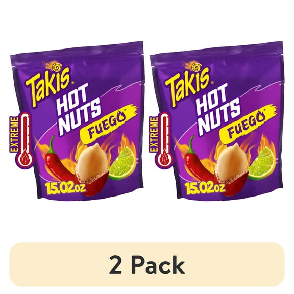 (2 pack) Takis Fuego Hot Nuts 15.02 oz Sharing Size Resealable Bag, Hot Chili Pepper & Lime Double-Crunch Peanuts