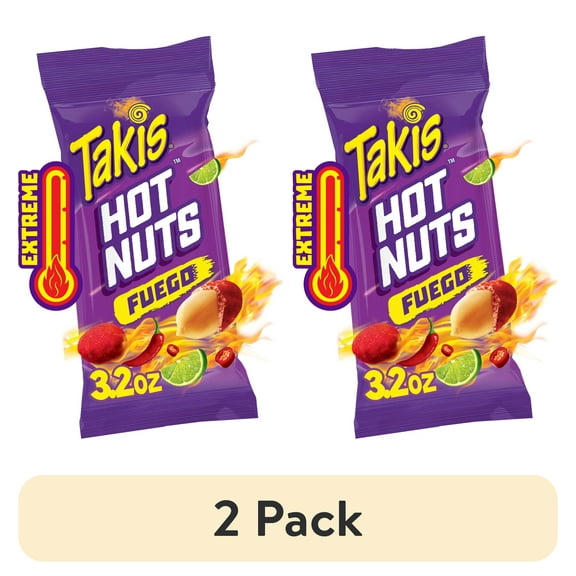 (2 pack) Takis Fuego Hot Nuts 3.2 oz Snack Size Pouch, Hot Chili Pepper & Lime Double-Crunch Peanuts