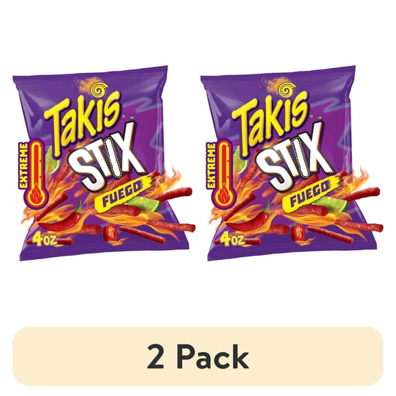 (2 pack) Takis Fuego Stix 4 oz Snack Size Bag, Hot Chili Pepper & Lime Corn Snack Sticks