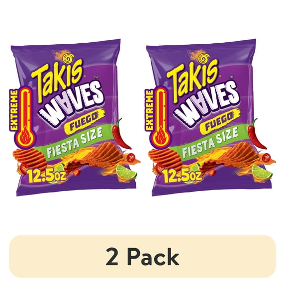 (2 pack) Takis Fuego Waves 12.5 oz Fiesta Size Bag, Hot Chili Pepper & Lime Wavy Potato Chips