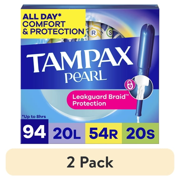 (2 pack) Tampax Pearl Tampons Trio Multipack with LeakGuard Braid, Light/Regular/Super, 94 Ct