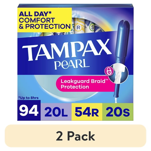 (2 pack) Tampax Pearl Tampons Trio Multipack with LeakGuard Braid, Light/Regular/Super, 94 Ct