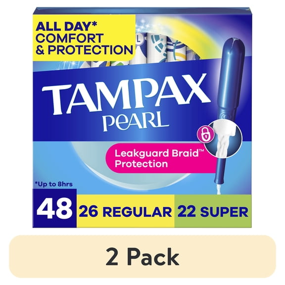 (2 pack) Tampax Pearl Tampons Multipack, with LeakGuard Braid, Regular/Super Absorbency, Unscented, 48 Count
